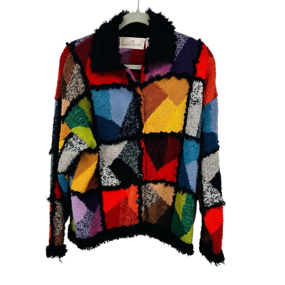 vintage Jane's closet colorful patchwork fringe wool blend cardigan sweater
